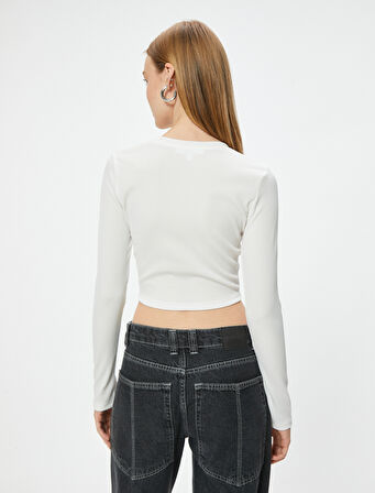 Uzun Kollu Tişört Crop Zincir Detaylı Bisiklet Yaka