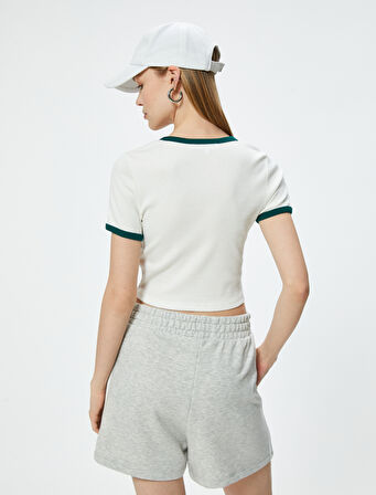 Crop Tişört Kaşkorse Kolej Baskılı Bisiklet Yaka Slim Fit