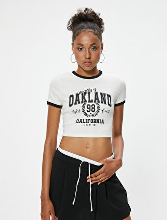 Crop Tişört Kolej Baskılı Slim Fit Bisiklet Yaka