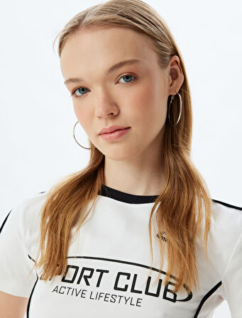 Crop Tişört Slogan Baskılı Biyeli Bisiklet Yaka Kısa Kollu Pamuklu Slim Fit