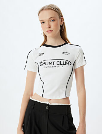 Crop Tişört Slogan Baskılı Biyeli Bisiklet Yaka Kısa Kollu Pamuklu Slim Fit