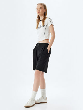 Crop Tişört Slogan Baskılı Biyeli Bisiklet Yaka Kısa Kollu Pamuklu Slim Fit