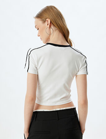 Crop Tişört Slogan Baskılı Biyeli Bisiklet Yaka Kısa Kollu Pamuklu Slim Fit