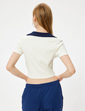 Crop Tişört Polo Yaka Düğmeli Kısa Kollu Biyeli Slim Fit