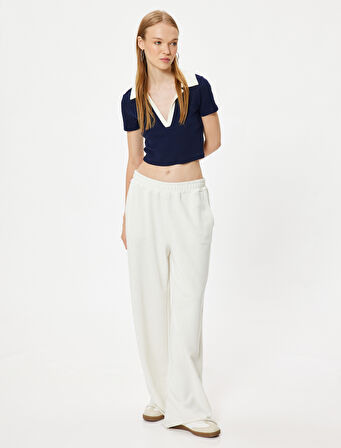 Crop Tişört Polo Yaka Düğmeli Kısa Kollu Biyeli Slim Fit