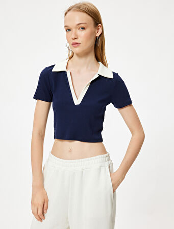 Crop Tişört Polo Yaka Düğmeli Kısa Kollu Biyeli Slim Fit
