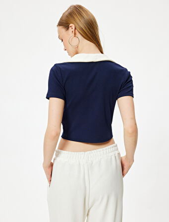 Crop Tişört Polo Yaka Düğmeli Kısa Kollu Biyeli Slim Fit