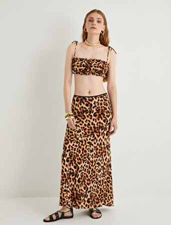 Leopar Desenli Büstiyer İnce Askılı Crop Viskon Kumaş