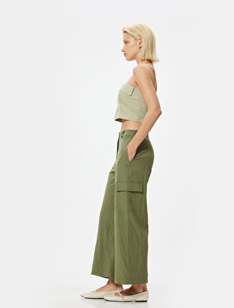 Düz Bol Paça Kargo Pantolon Dokulu Cepli 