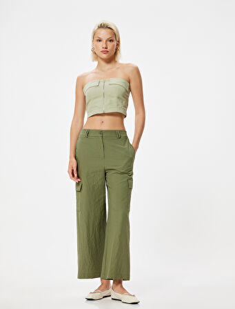 Düz Bol Paça Kargo Pantolon Dokulu Cepli 