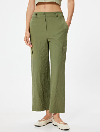 Düz Bol Paça Kargo Pantolon Dokulu Cepli 