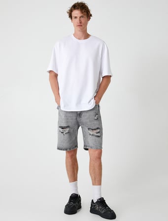 Oversize Kot Şort Bermuda Cepli Yıpratma Detaylı