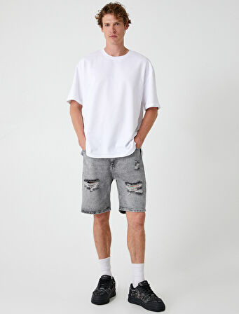 Oversize Kot Şort Bermuda Cepli Yıpratma Detaylı