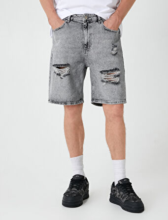 Oversize Kot Şort Bermuda Cepli Yıpratma Detaylı