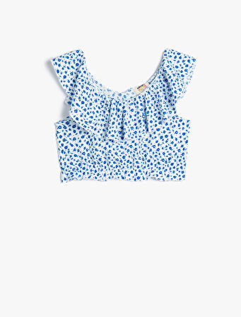 Crop Bluz Düşük Omuz Fırfırlı Çiçek Desenli 