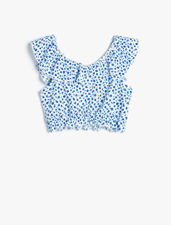 Crop Bluz Düşük Omuz Fırfırlı Çiçek Desenli 