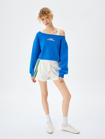 Slogan Baskılı Kayık Yaka Crop Sweatshirt