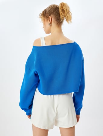 Slogan Baskılı Kayık Yaka Crop Sweatshirt