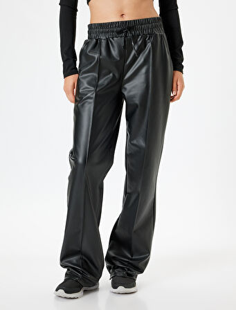 Suni Deri Eşofman Altı Beli Bağcıklı Nervürlü Yüksek Bel Düz Paça Cepli