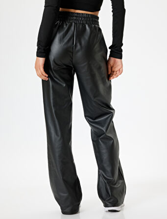 Suni Deri Eşofman Altı Beli Bağcıklı Nervürlü Yüksek Bel Düz Paça Cepli