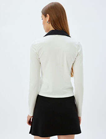 Polo Yaka Tişört Renk Kontrastlı Düğmeli Uzun Kollu Pamuklu Slim Fit