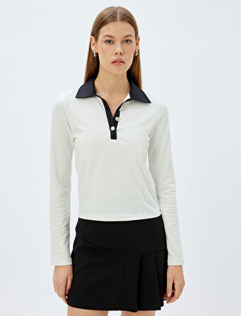 Polo Yaka Tişört Renk Kontrastlı Düğmeli Uzun Kollu Pamuklu Slim Fit