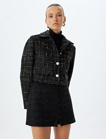 Crop Tüvit Ceket İnci Düğme Detaylı Gömlek Yaka