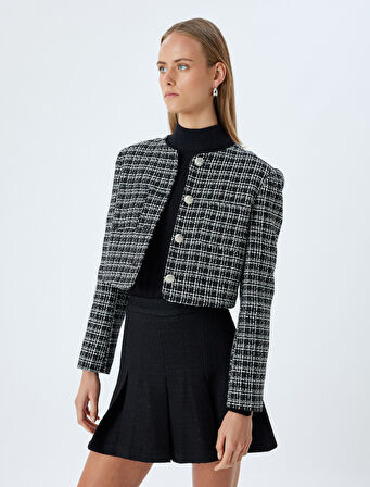 Tüvit Crop Ceket Yuvarlak Yaka Cep Detaylı Düğmeli Yün Karışımlı