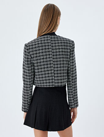 Tüvit Crop Ceket Yuvarlak Yaka Cep Detaylı Düğmeli Yün Karışımlı