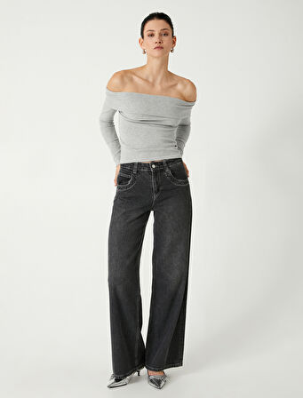 Madonna Yaka Tişört Fitilli Kat Detaylı Uzun Kollu Slim Fit