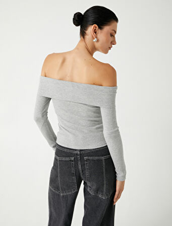 Madonna Yaka Tişört Fitilli Kat Detaylı Uzun Kollu Slim Fit