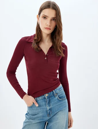 Polo Yaka Tişört Basic Uzun Kollu Düğmeli Slim Fit
