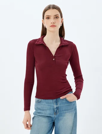 Polo Yaka Tişört Basic Uzun Kollu Düğmeli Slim Fit
