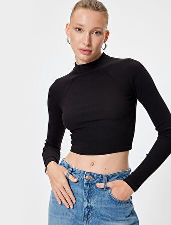 Dik Yaka Fitilli Body Uzun Kollu Slim Fit Pamuklu