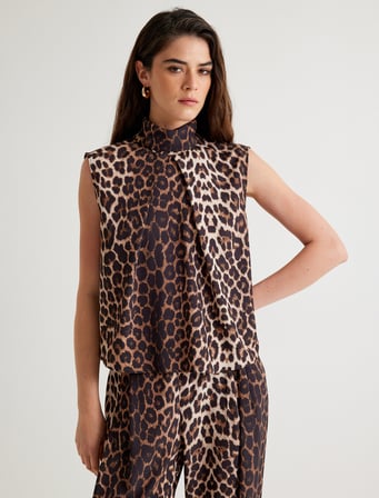 Leopar Desenli Bluz Kolsuz Dik Yaka Pile Detaylı