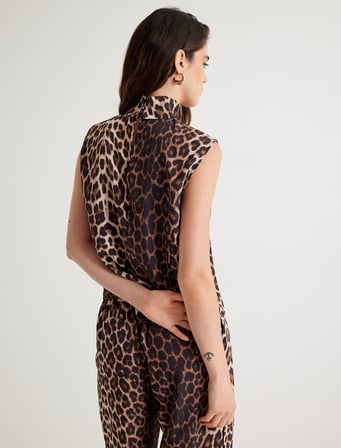 Leopar Desenli Bluz Kolsuz Dik Yaka Pile Detaylı