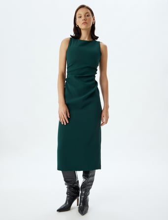 Kalem Elbise Midi Boy Kolsuz Bisiklet Yaka Krep Kumaş Slim Fit 