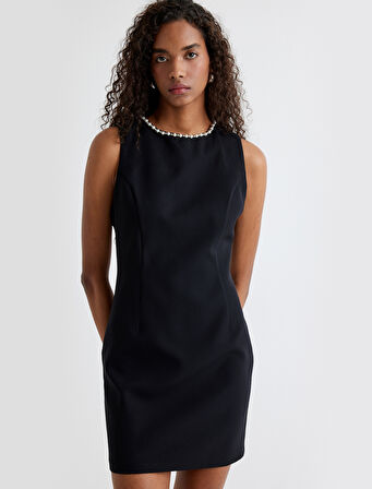 Kolsuz Mini Elbise Taşlı Yuvarlak Yaka A Kesim