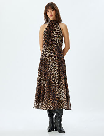 Uzun Leopar Elbise Halter Şal Yaka Pileli Kolsuz