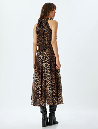 Uzun Leopar Elbise Halter Şal Yaka Pileli Kolsuz