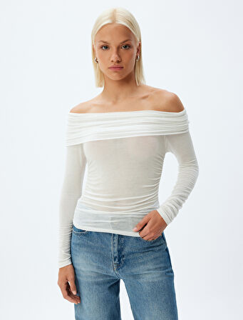 Madonna Yaka Bluz Omzu Açık Yarı Transparan Uzun Kollu Slim Fit