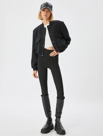 Nervürlü Tayt Yüksek Bel Lastikli Slim Fit 