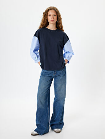 Uzun Kollu Tişört Bisiklet Yaka Kumaş Detaylı