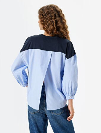 Uzun Kollu Tişört Bisiklet Yaka Kumaş Detaylı