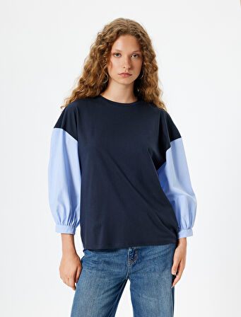 Uzun Kollu Tişört Bisiklet Yaka Kumaş Detaylı