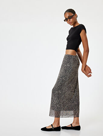 Leopar Desenli Tül Midi Etek Standart Bel