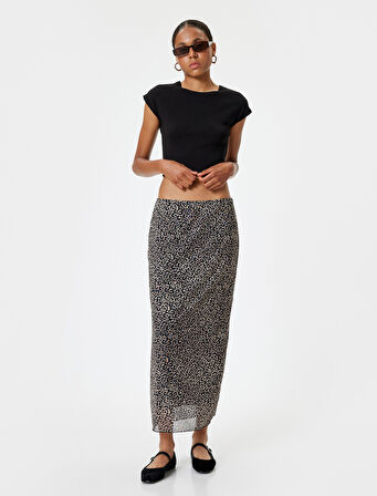 Leopar Desenli Tül Midi Etek Standart Bel