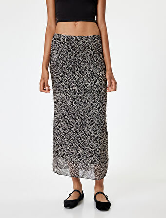 Leopar Desenli Tül Midi Etek Standart Bel