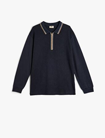 Polo Tişört Uzun Kollu Yarım Fermuarlı Şerit Detaylı Pamuklu