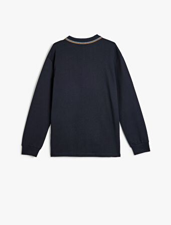 Polo Tişört Uzun Kollu Yarım Fermuarlı Şerit Detaylı Pamuklu